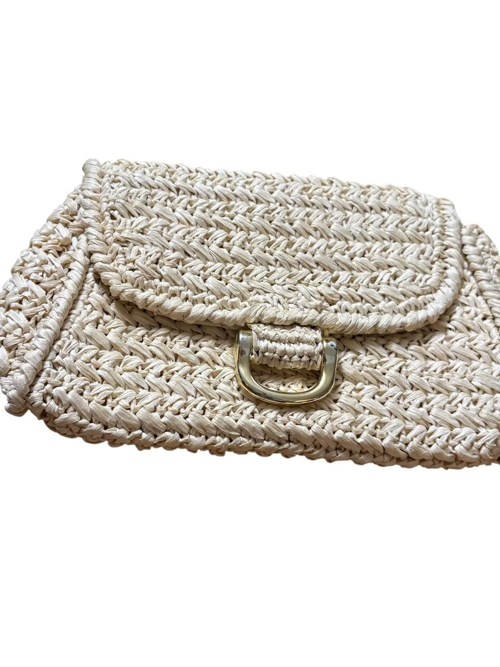 Dorette Vintage Made in Japan Woven Straw Clutch Bag with Gold D-Ring Closure